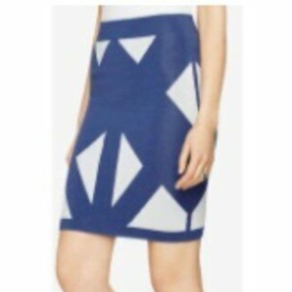 BCBGMaxazria Natalee Geometric Jacquard Blue and White Pencil Skirt